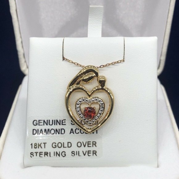 Garnet 18k Gold Mother child  Love Pendant necklace NWB $115 - Picture 1 of 7